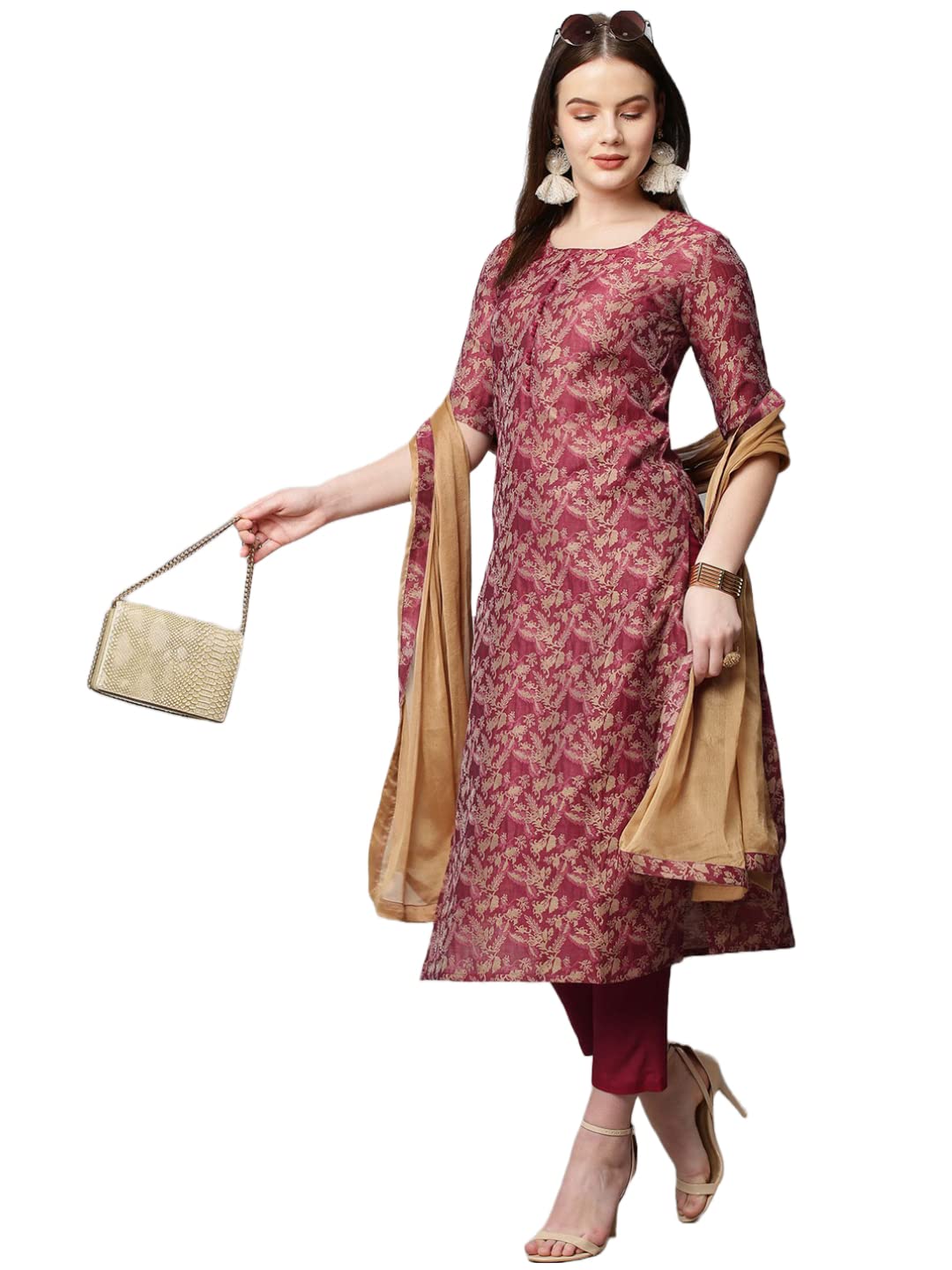 Anni Designer Women'S Banarasi Silk Straight Printed Kurta With Pant & Dupatta (Banarsi-Red_L-An_Red_Large),Red,L