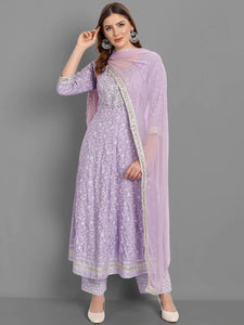 Anni Designer Women'S Cotton Blend Embroidered Regular Kurta With Pant & Dupatta (Hitmyn-Purple Small),Purple,S,,,