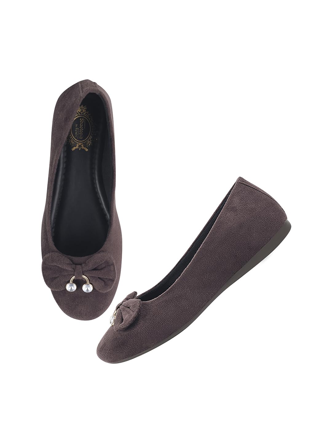 Shoetopai Women'S Brown Velvet Ballerina Flats With Bow & Pearl Detail Elegant Slip-On Belly Shoes For Casual & Party Eu41,Brown,8,B0DRJFHRWB