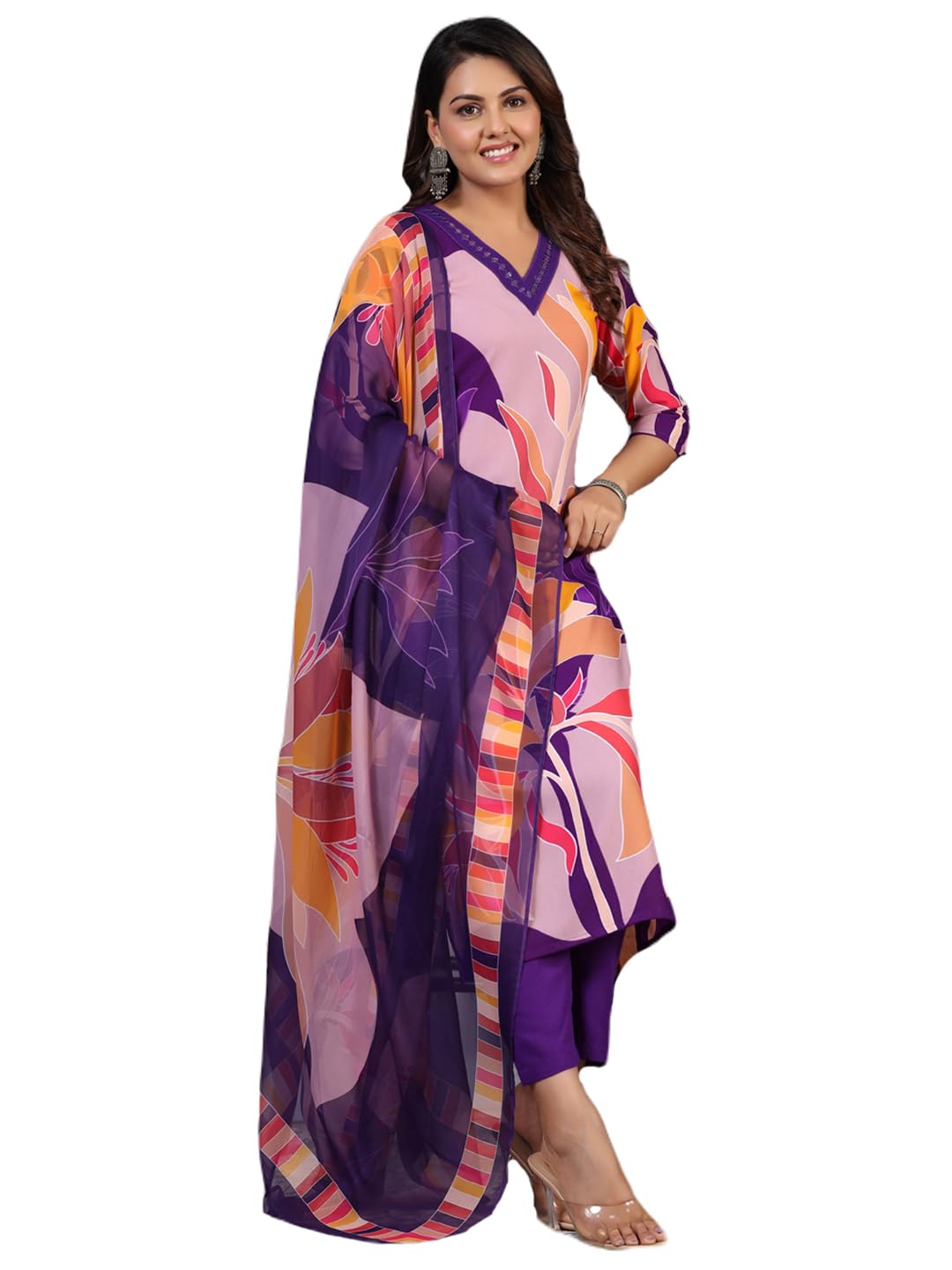 Gosriki Women'S Rayon Blend Printed Straight Kurta With Pant & Dupatta (Khissu Violet-Nw-Gs_M_Violet_Medium),Violet,,B0CYX6ZY5L