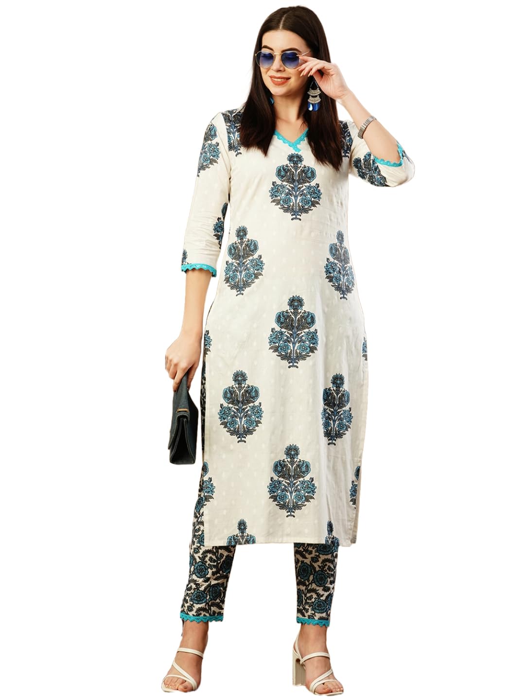 Anni Designer Women'S Cotton Blend Straight Printed Kurta & Pant (Cheer White_M_White_Medium),White,M