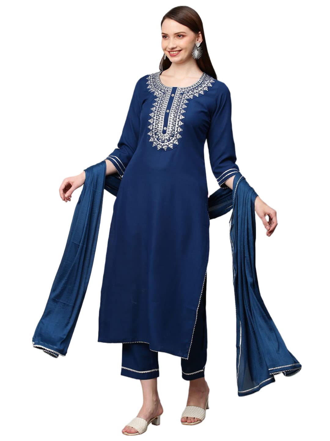 Anni Designer Women'S Cotton Blend Straight Embroidered Kurta With Pant & Dupatta Set (Dhati Kerosin_4Xl_Dark Blue_Xxxx-Large),Dark Blue,4XL