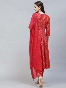 Gosriki Women'S Cotton Blend Printed Straight Kurta With Pant & Dupatta (Karwa Red_Xl-Gs_Red_X-Large),Red,,B0BF5PJJVP