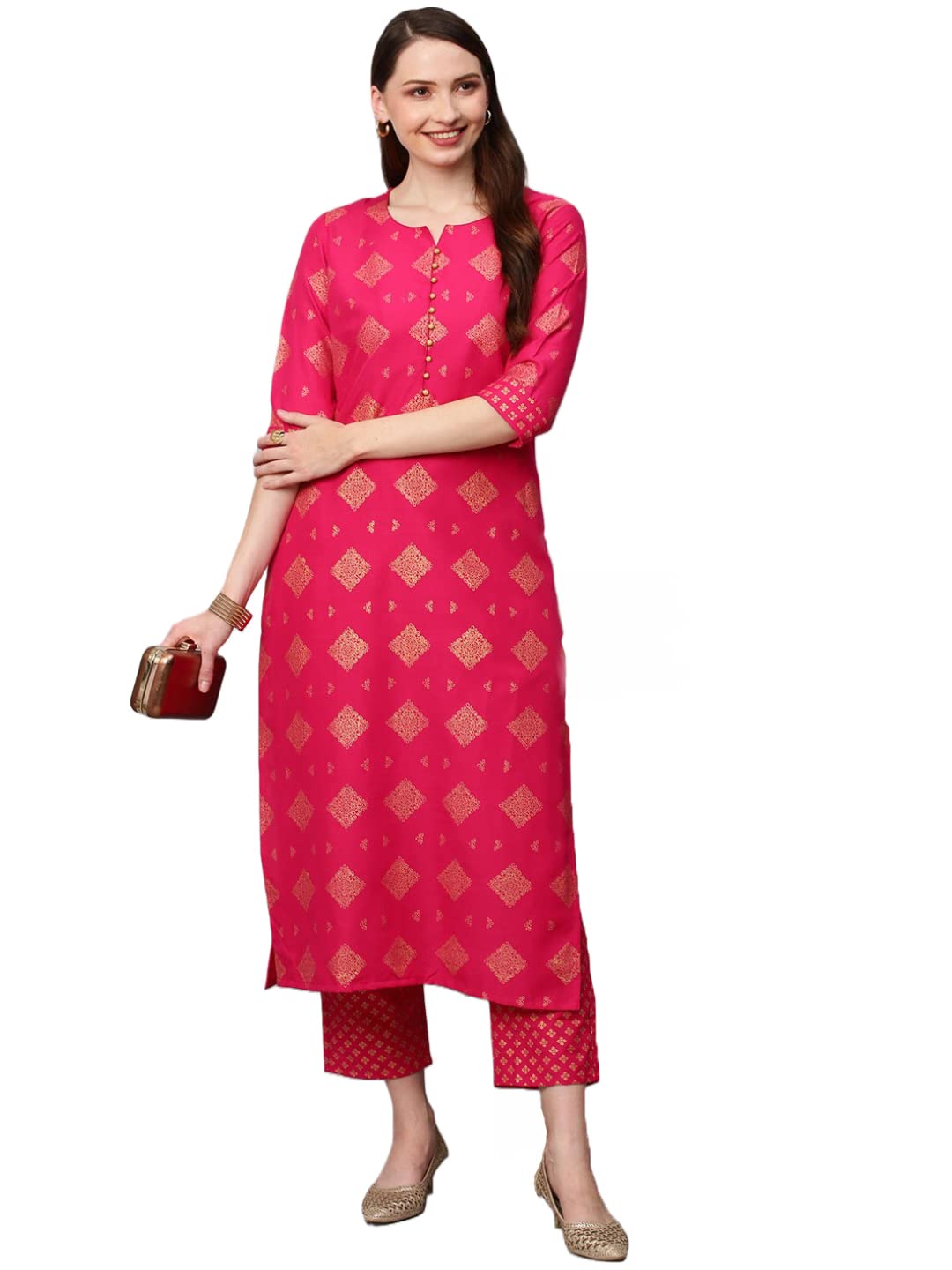 Gosriki Women'S Cotton Blend Printed Straight Kurta With Pant (Sambhav Pink_Xl-Gs_Pink_X-Large),Pink,,B0BDLVF2QT