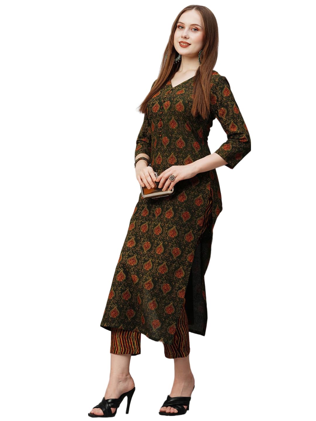 Anni Designer Women'S Cotton Blend Printed Straight Kurta With Pant (Tapa Green_L_Green_Large),Green,L