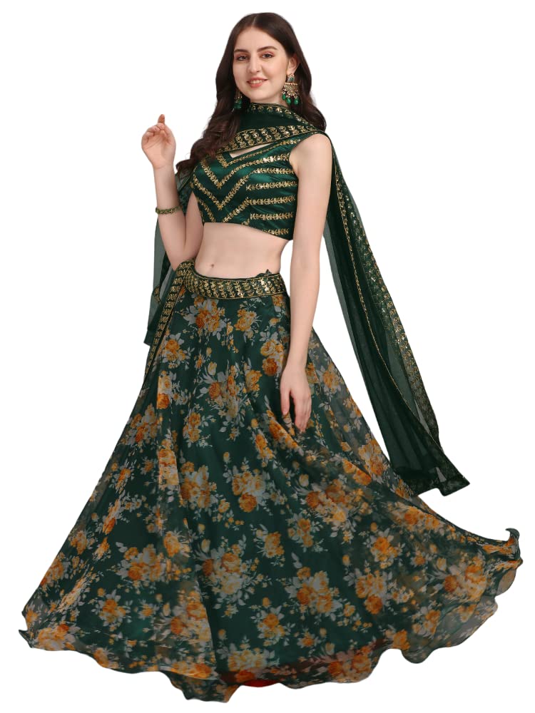 Fashion Basket Women'S Floral Organza Semi Stitched Green Lehenga Choli