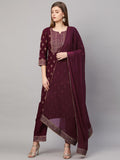 Anni Designer Women'S Cotton Blend Straight Printed Kurta With Pant & Dupatta (Coco Wine-Sm_M_Wine_Medium),Wine,M,,,