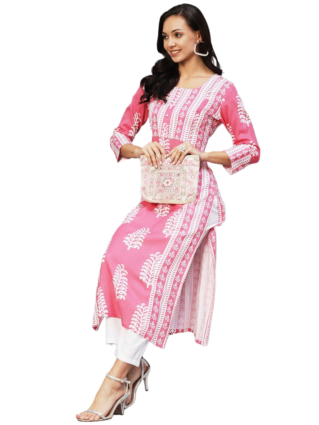 Gosriki Women'S Rayon Printed Straight Kurta (Oni101 White-Nw-Gs_L_Pink_Large),Pink,,B0C4T9NY7V