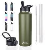 StarSpeed 40oz Insulated Water Bottle with Straws & 2 Lids, Stainless Steel Double Walled Vacuum Water Flask, Wide Mouth Sports 