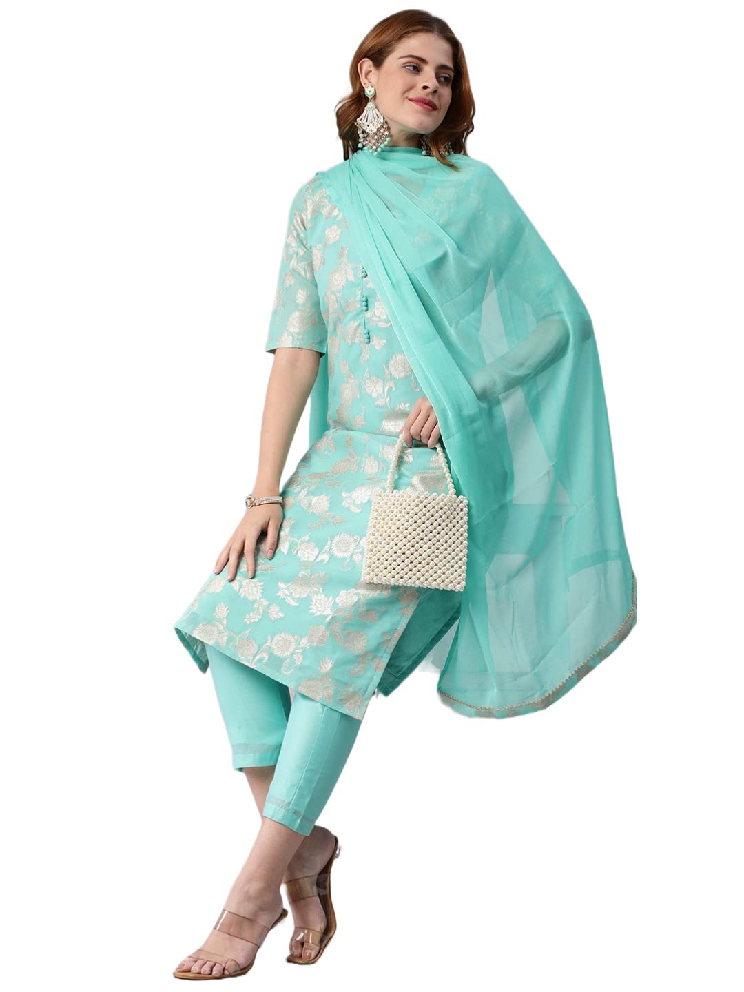 Anni Designer Women'S Banarasi Woven Straight Embellished Printed Kurta With Pant & Dupatta (Kabzaa-See Green_Xxl_See Green_Xx-Large),See Green,2XL