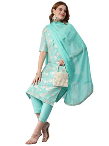 Anni Designer Women'S Banarasi Woven Straight Embellished Printed Kurta With Pant & Dupatta (Kabzaa-See Green_Xxl_See Green_Xx-Large),See Green,2XL