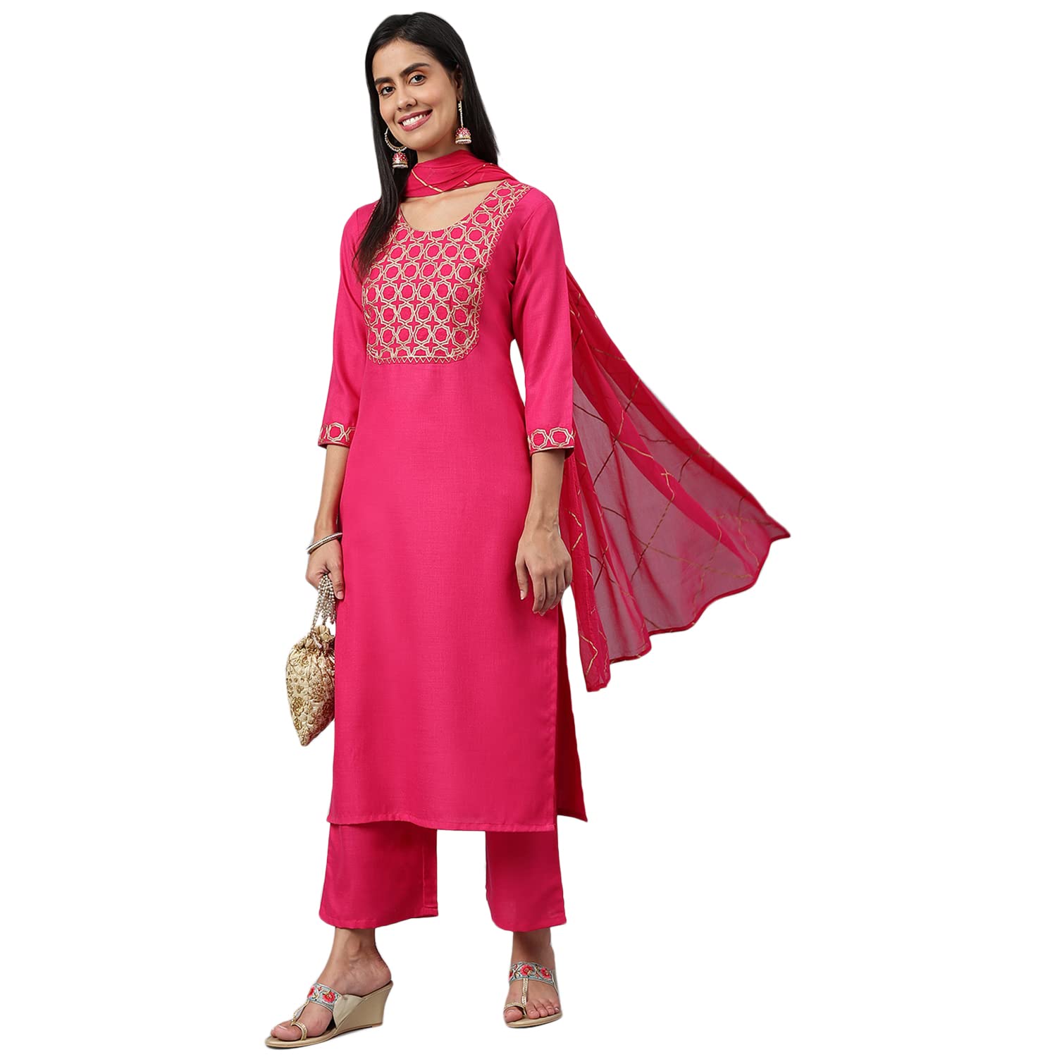 Anni Designer Women'S Cotton Blend Printed Straight Kurta With Pant & Dupatta (Khunti Pink_Xxl_Pink_Xx Large),Pink,2XL