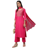 Anni Designer Women'S Cotton Blend Printed Straight Kurta With Pant & Dupatta (Khunti Pink_Xxl_Pink_Xx Large),Pink,2XL