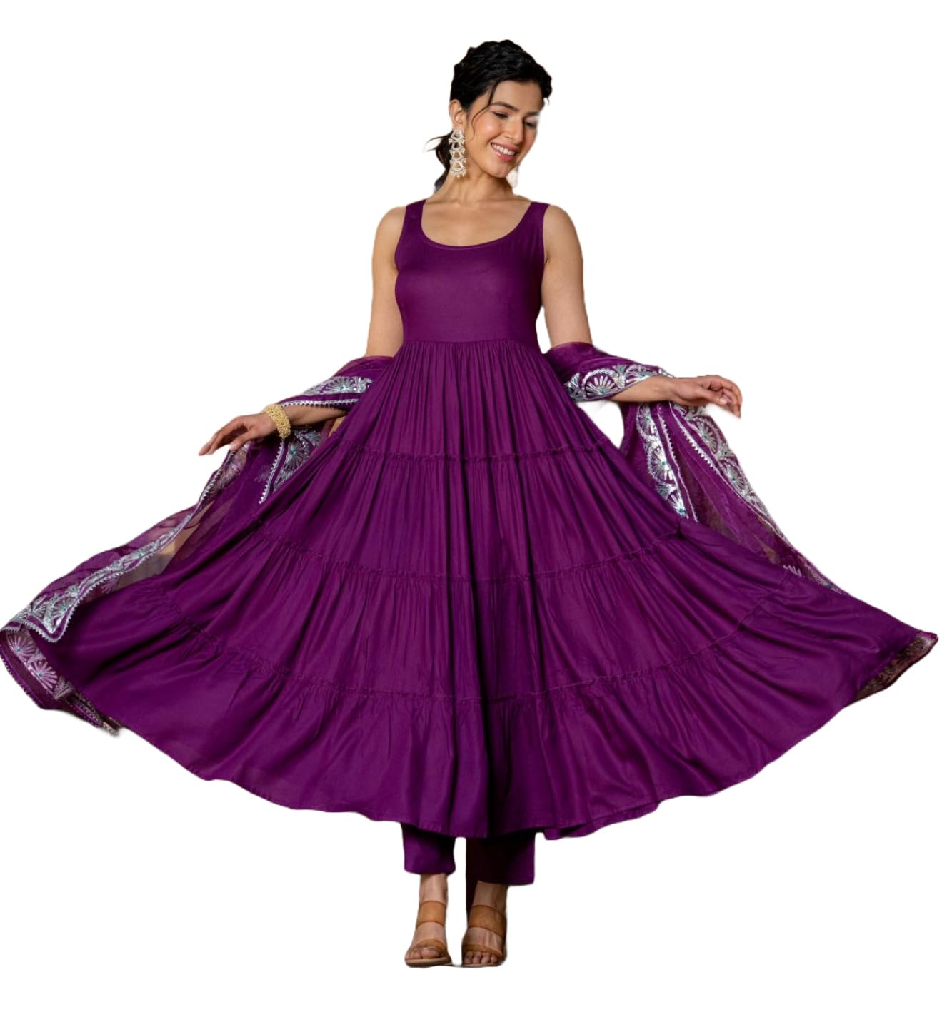 Anni Designer Women'S Rayon Blend Anarkali Solid Kurta With Pant & Dupatta (Kasbah Purple_S_Purple_Small),Purple,S