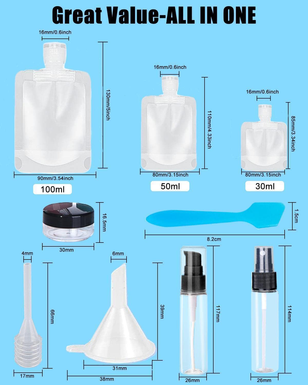 17 Pack Travel Pouches for Toiletries,TSA Approved,Travel Size Portable Containers,Stand Up Pouch,Refillable Travel Accessories