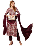 Gosriki Women'S Cotton Blend Straight Printed Kurta With Pant & Dupatta (Ramna Wine-Jl-Gs_M_Wine_Medium),Wine,,B0D73XXNGF