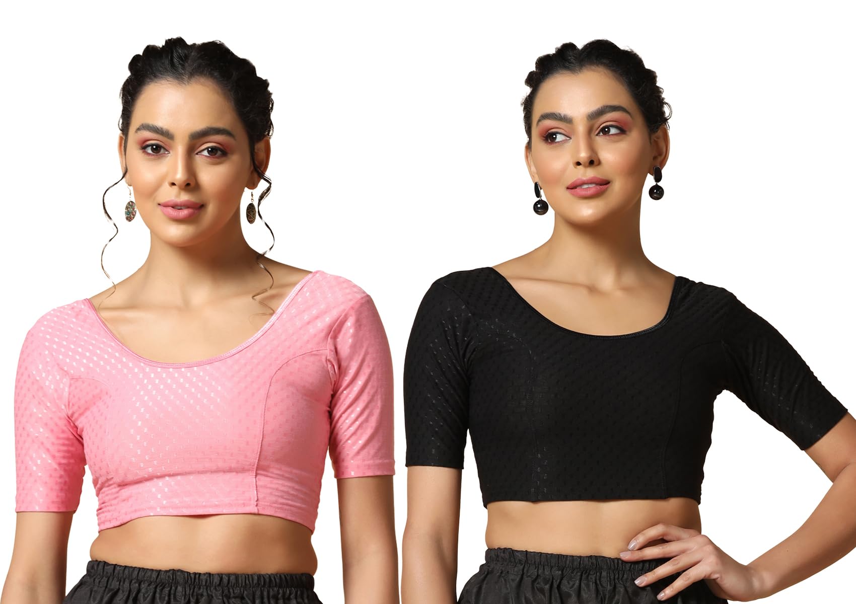 Toplot Cotton Blend Lycra Stretchable Readymade Blouses Pack Of 2 (Combo-5058-Bbp-Blk-34),Baby Pink-Black,34,B0CV5872B6