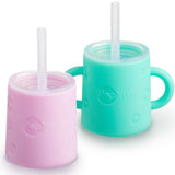 PopYum Silicone Training Cup with Straw + Lid, 2-Pack for Baby, Infant and Toddler, Tumbler, Sippy, handles, 5 ounce (green, pin