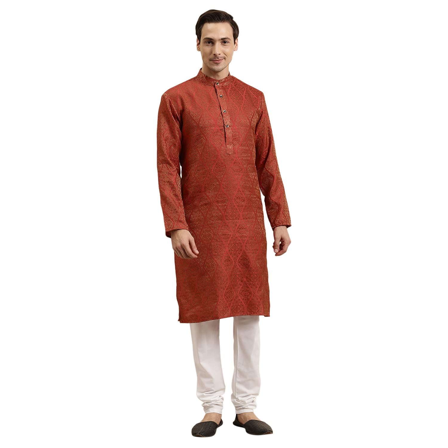 Sojanya (Since 1958 Men'S Jacquard Silk Red & Gold Kurta Size 44