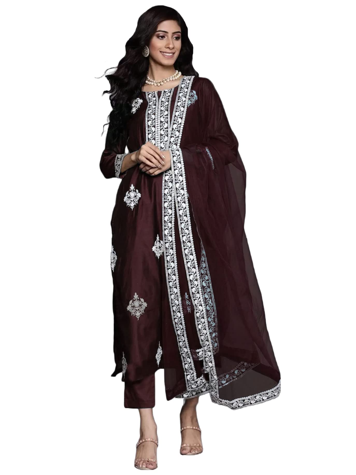 Gosriki Women'S Cotton Blend Straight Embroidered Kurta With Pant & Dupatta (Weekend Wine-Nw2-Gs_L_Wine_Large),Wine,,B0BYK78ZT2