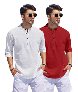 Bellstone Men'S Cotton Blend Solid Regular Dress Shirt (Kurta1500_Combo_White & Maroon_Xl