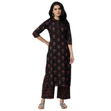 idaLia Mandarin Collar Black Kurta Set for Women 3/4th Sleeve Floral Printed Straight Kurta Set with Palazzo Pant or Weddings an