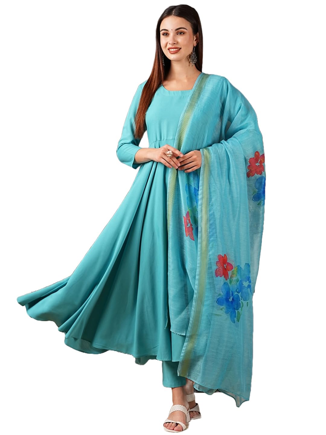 Gosriki Women'S Cotton Blend Anarkali Solid Kurta With Pant & Dupatta (Saniba Sky Blue-Nw-Gs_Xxl_Sky Blue_Xx-Large),Sky Blue,2,B0D57C7YQV