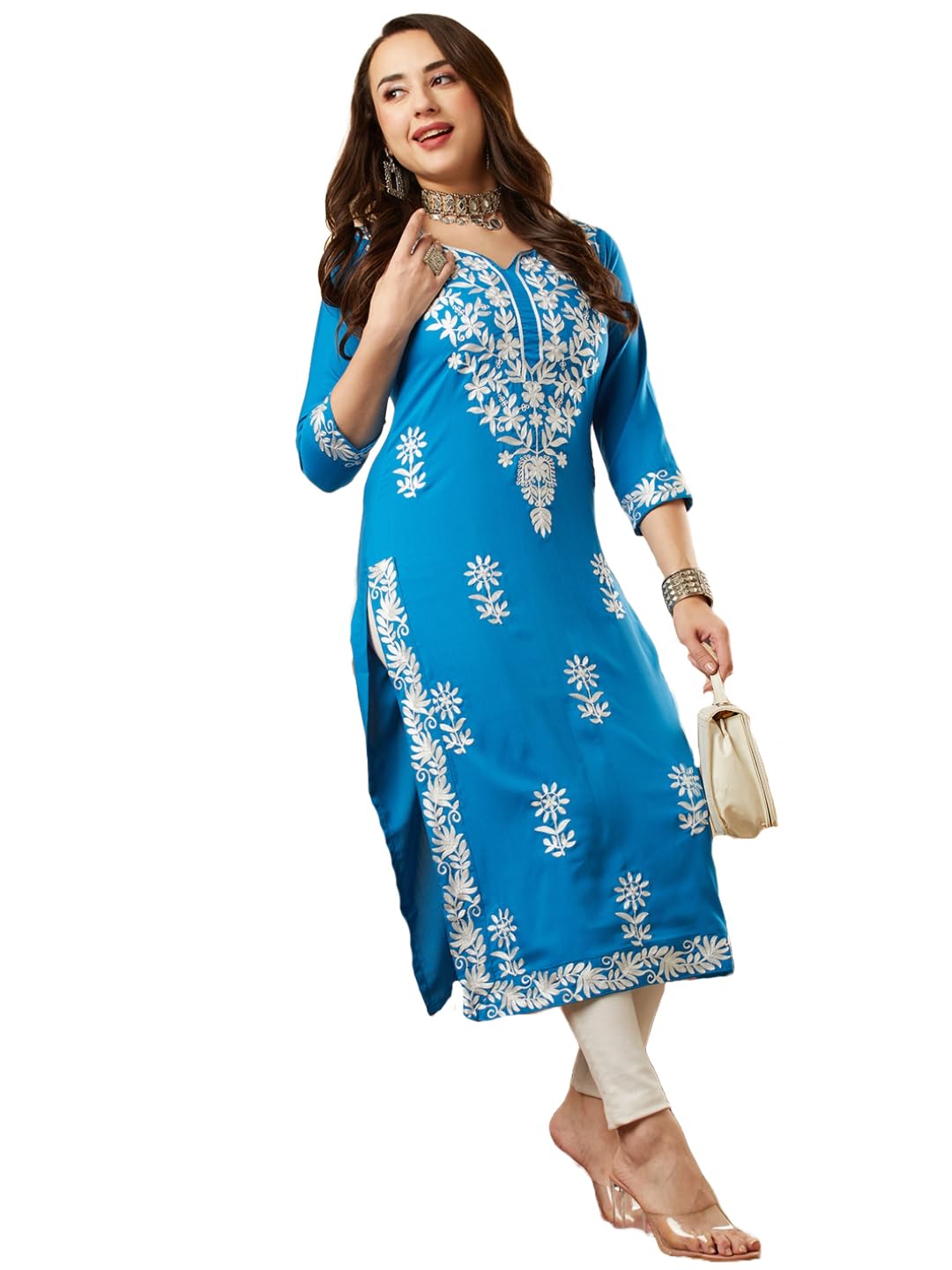 Anni Designer Women'S Cotton Blend Chikankari Embroidered Straight Kurta (Anirudh Sky-Nw_S_Sky Blue_Small),Sky Blue,S