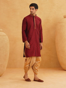 Sojanya (Since 1958, Men'S Maroon & Gold Silk Dhoti Kurta Set, Size: Xxl