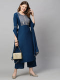 Anni Designer Women'S Cotton Blend Straight Embroidered Kurta With Pant & Dupatta (Just Cerosin_L_Blue_Large),Blue,L,Cotton Blend,Straight,Pants, Dupatta