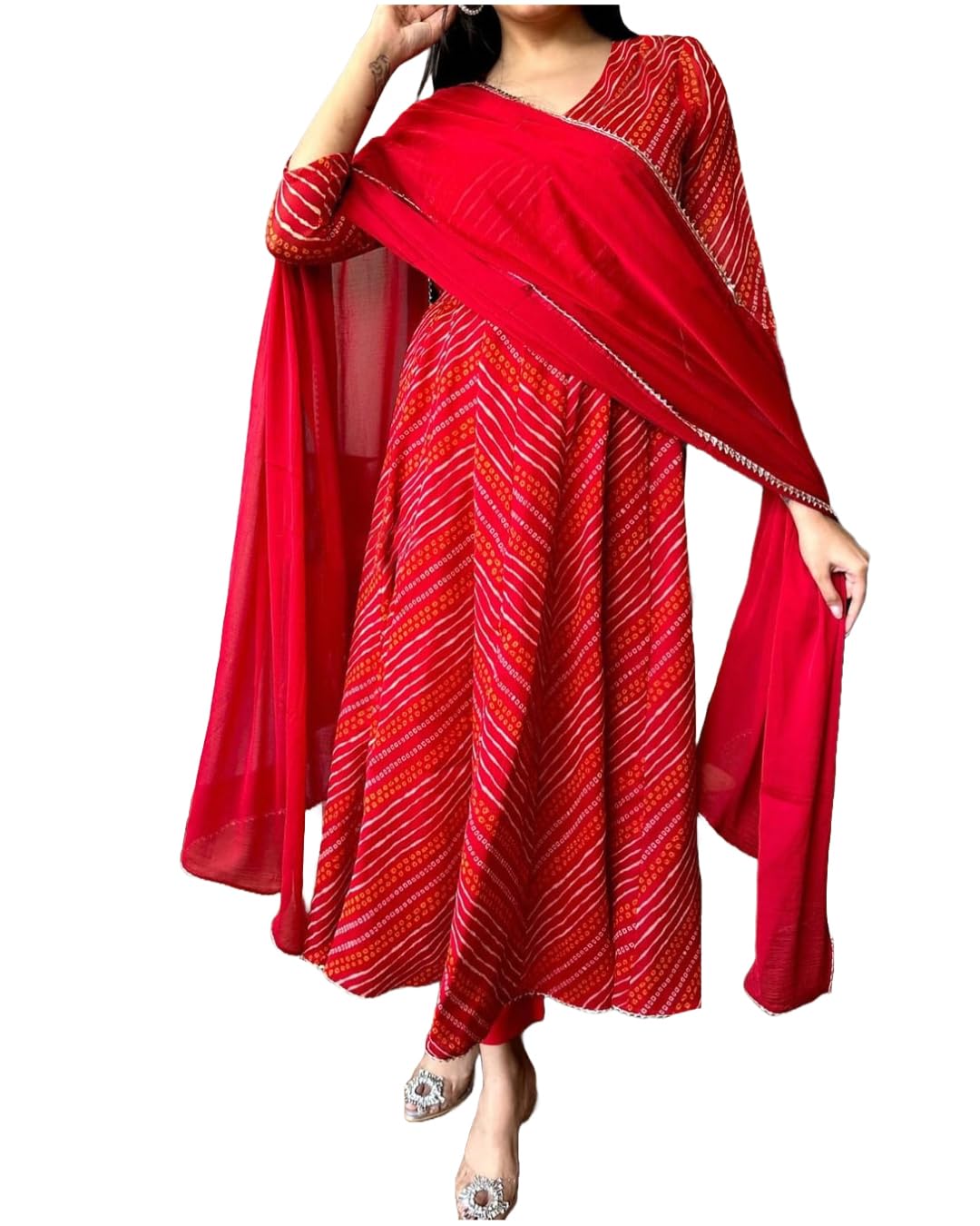 Gosriki Women'S Rayon Blend Anarkali Printed Kurta With Pant & Dupatta (Migesha Red-Gs_Xl_Red_X-Large),Red,,B0DG2Z2381