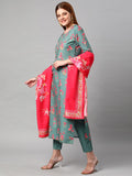 Anni Designer Women'S Cotton Blend Printed Straight Kurta With Pants & Dupatta (Kenal-Green_L_Green_Large),Green,L,Cotton Blend,Regular,Dupatta