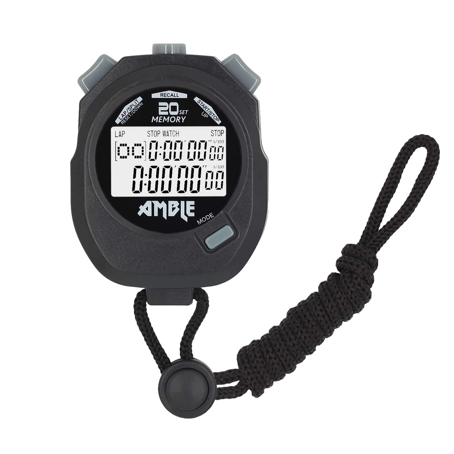 Stopwatch, Amble Countdown Timer and Stopwatch Record 20 Memories Lap Split Time with Tally Counter and Calendar Clock with Alar