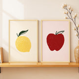 SoulAbiti Minimalist Apple & Lemon Crayon Poster Framed Wall Art Print Set of 2 12x18 inch Light Brown Frame PlexiGlass Aesthet
