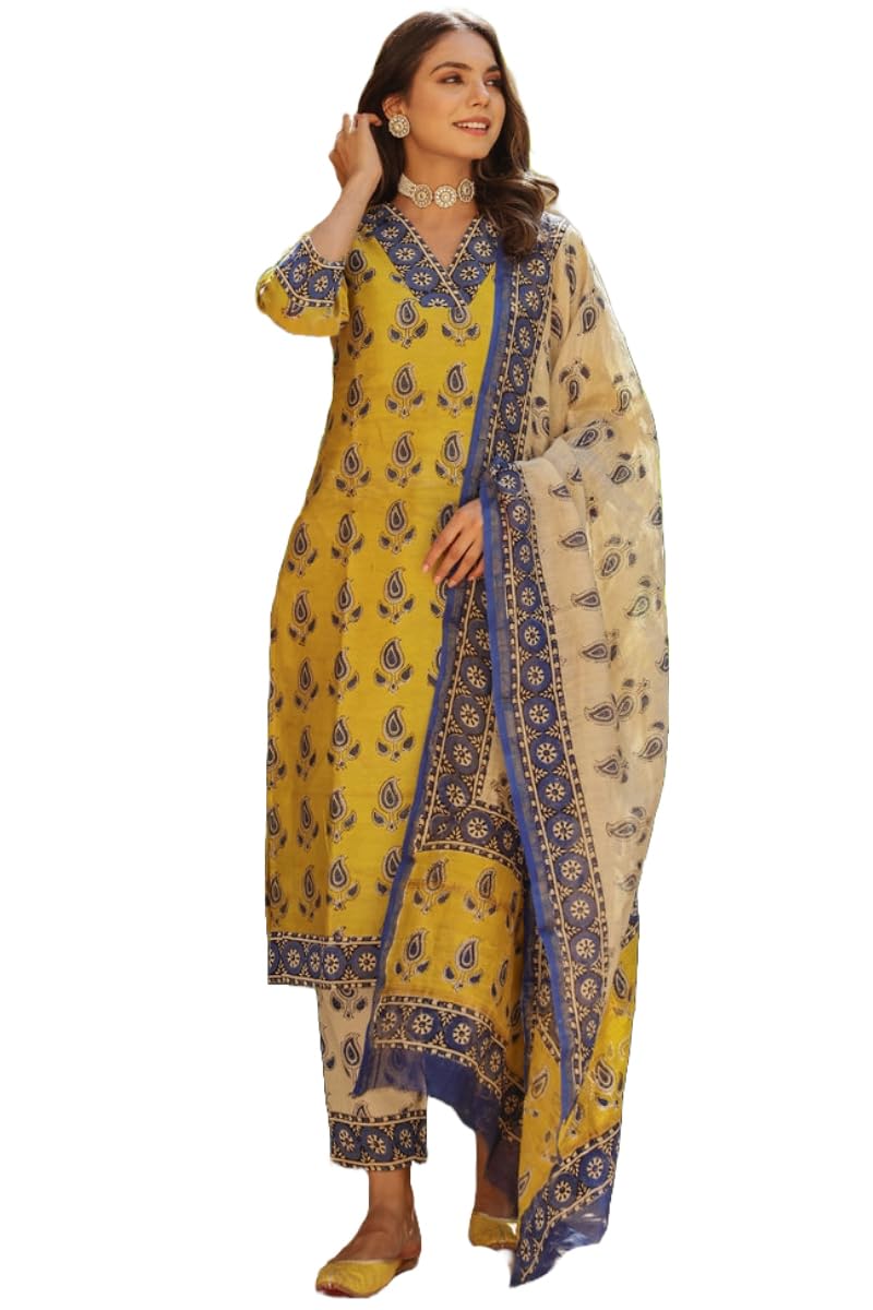 Anni Designer Women'S Cotton Blend Straight Printed Kurta With Pant & Dupatta (Uchiha Mustard_5Xl_Mustard_Xxxxx-Large),Mustard,5XL