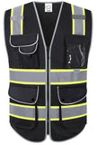 XIAKE 9 Pockets High Visibility Safety Vest Black with 2 Inch Dual Tone Reflective Strips - Yellow Trim,Meets ANSI/ISEA Standard