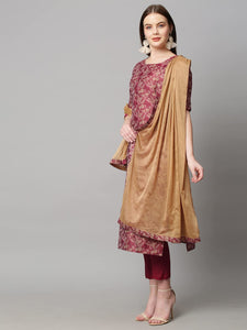 Anni Designer Women'S Banarsi Silk Printed Straight Kurta With Pant & Dupatta See_Red_S,Red,S,Silk Blend,Regular,Kurta with Pant & Dupatta