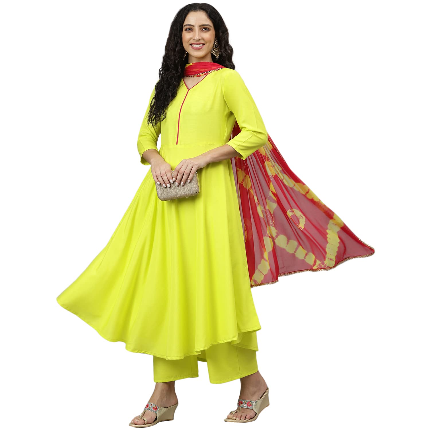 Anni Designer Women'S Cotton Blend Printed Anarkali Kurta Pant & Dupatta (Punji New Yellow_Xl_Yellow_X-Large),Yellow,XL