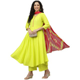 Anni Designer Women'S Cotton Blend Printed Anarkali Kurta Pant & Dupatta (Punji New Yellow_Xl_Yellow_X-Large),Yellow,XL