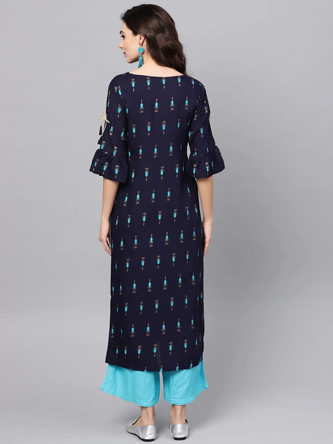 Anni Designer Women'S Cotton Blend Printed Straight Kurta With Palazzo (Sidda Blue_S_Navy Blue_Small),Blue,S,Cotton Blend,Straight,Palazzo
