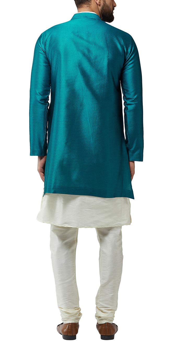 Sojanya (Since 1958 Men'S Silk Blend Cream Kurta Churidaar Pyjama & Peacock Blue Jacket Combo Size 40