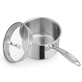 Ciwete 2 Qt Stainless Steel Saucepan with Glass Strainer Lid, 2 Quart Pot Stainless Steel Sauce Pan with Pour Spout, Mirror Poli