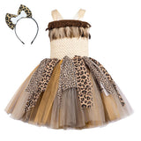 IBTOM CASTLE Cavegirl Costume Kids Indian Girls Animal Costumes for Halloween Tutu Role Play Fancy Princess Dress with Headband 