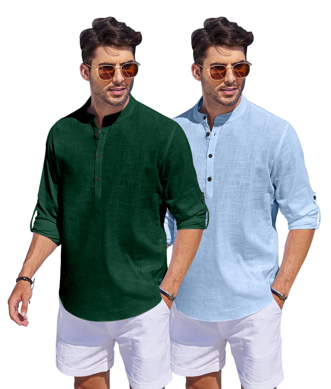 Bellstone Men'S Cotton Blend Solid Regular Dress Shirt (Kurta1500_Combo_D Green & Sky_Xl_Dark