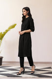 W Black Cotton Blend Solid Straight Long Kurta For Women Black 3Xl