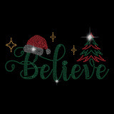 SUPERDANT Christmas Believe Iron on Rhinestones Heat Transfer Decal Christmas Tree T-Shirt Crystal Heat Transfer Bling Hot fix R