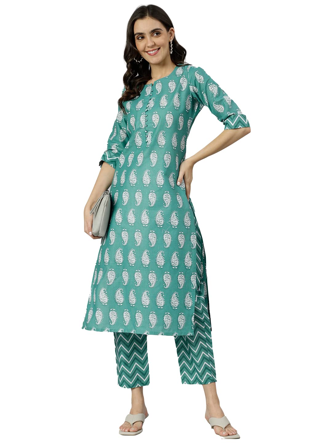 Anni Designer Women'S Cotton Blend Straight Printed Kurta With Pant (Jugnu Green New_Xxl_Green_Xx-Large),Green,2XL