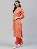 Anni Designer Women'S Cotton Blend Printed Straight Kurta With Pant (Vadidev Orange_Xxl_Orange_Xx-Large),Orange,2XL,Cotton Blend,Regular,Pants