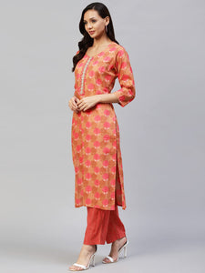 Gosriki Women'S Cotton Blend Printed Straight Kurta With Pant (Vadidev Orange-Gs_Xl_Orange_X-Large),Orange,,B0BQRGDGYG