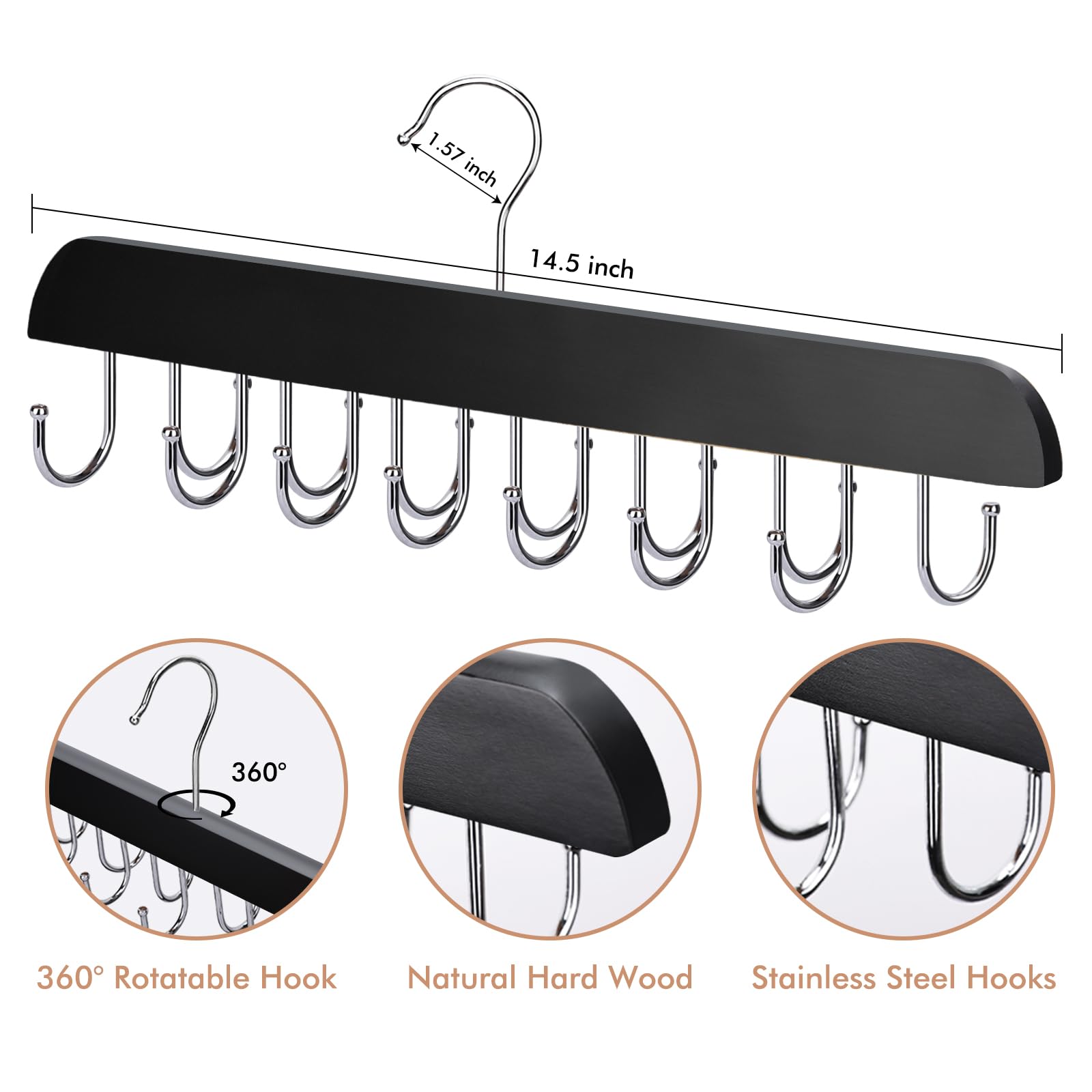 NECAMOCU Belt Hanger, Black Wooden Belt Organizer for Closet, 360 Rotating Tie & Belt Rack for Storage with 14 Hooks, Sturdy Bel